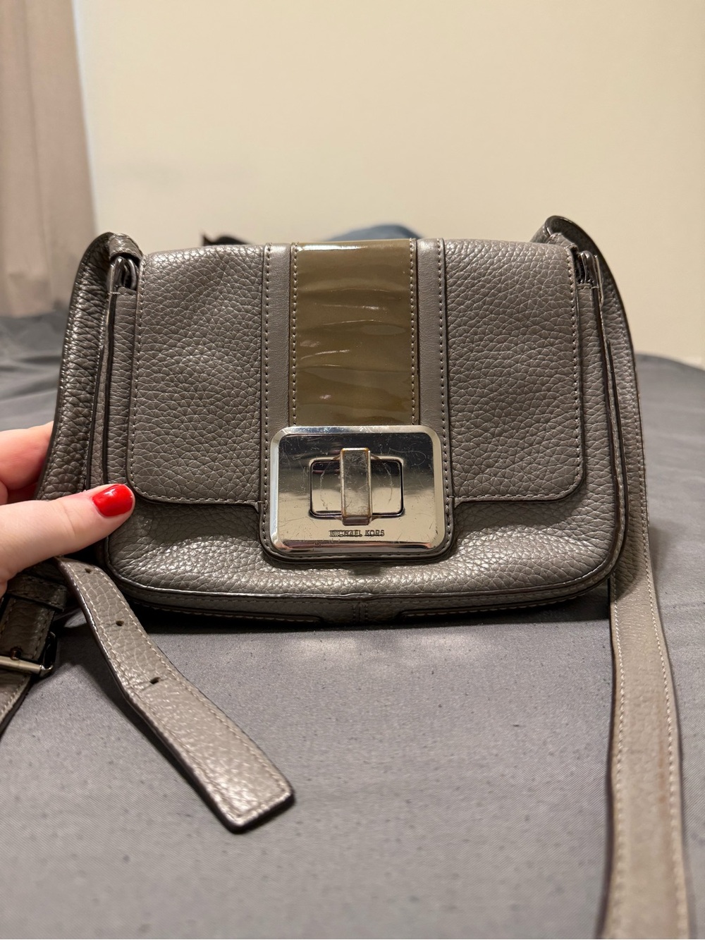 Michael Kors Grey Pebbled Leather Crossbody with Silver-Tone Lock